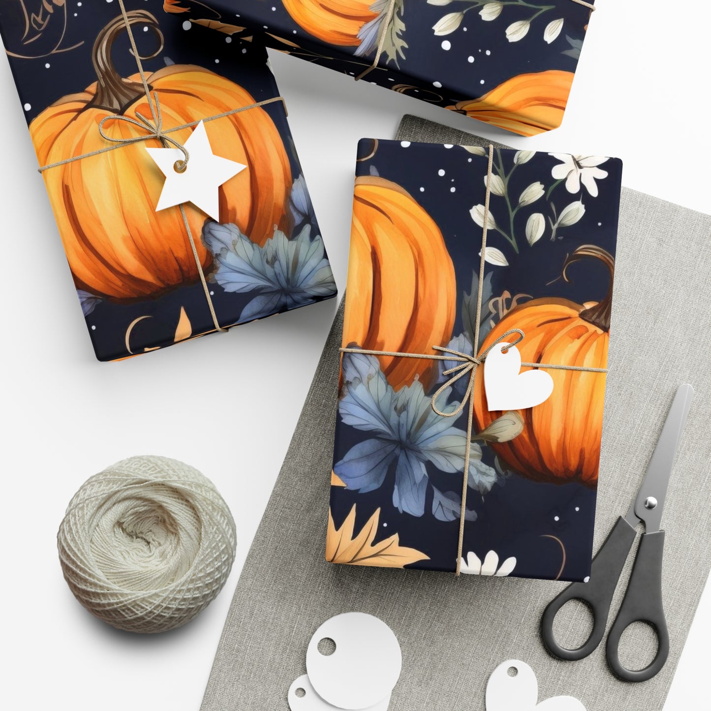 Autumn Pumpkin Vine wrapping paper with a fall harvest motif, available in matte and satin finishes.