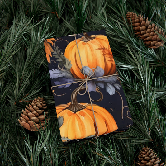 Rustic seasonal gift wrap with a winding pumpkin vine pattern, perfect for autumn presents and Thanksgiving gifts.