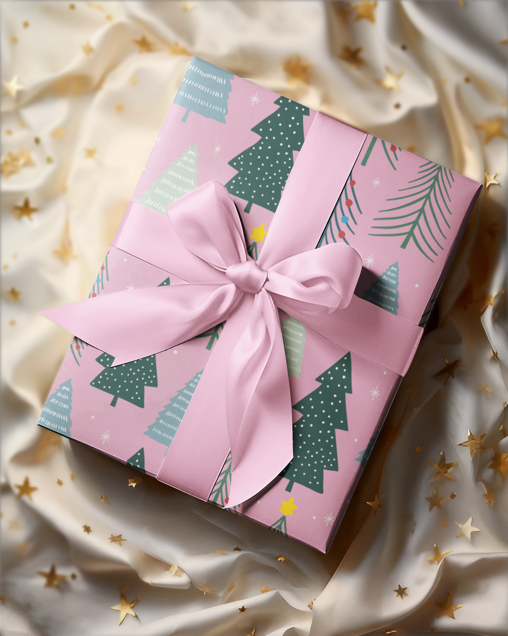 Elegant winter-themed gift wrap with a serene forest landscape of snow-dusted trees, available in multiple colors.