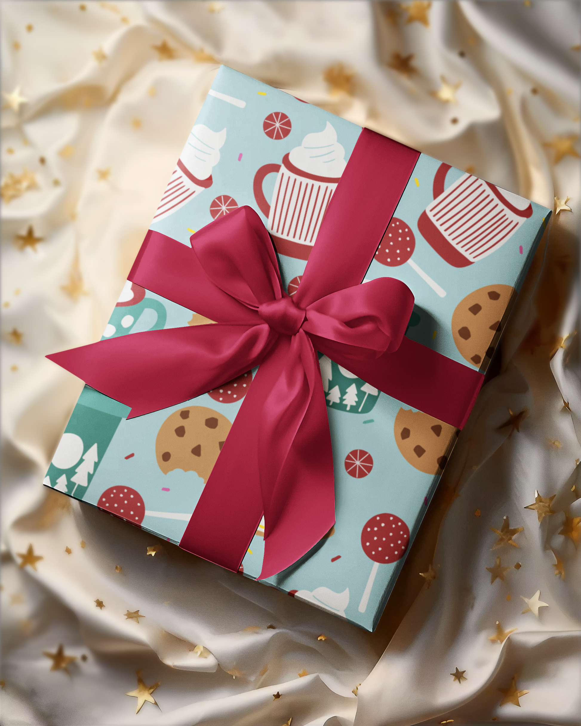 Playful and joyful holiday gift wrap featuring a vibrant pattern of classic candies and desserts, perfect for sweet celebrations.