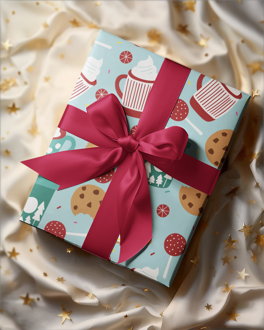 Playful and joyful holiday gift wrap featuring a vibrant pattern of classic candies and desserts, perfect for sweet celebrations.