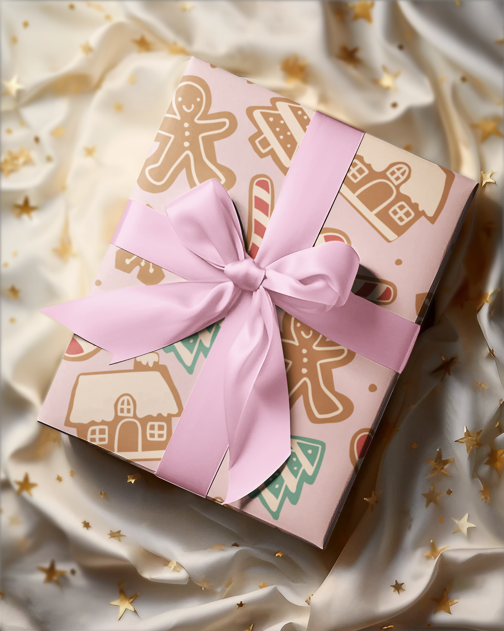 Cozy holiday gift wrap with a playful gingerbread cookies design, ideal for festive present wrapping and creating a joyful atmosphere.