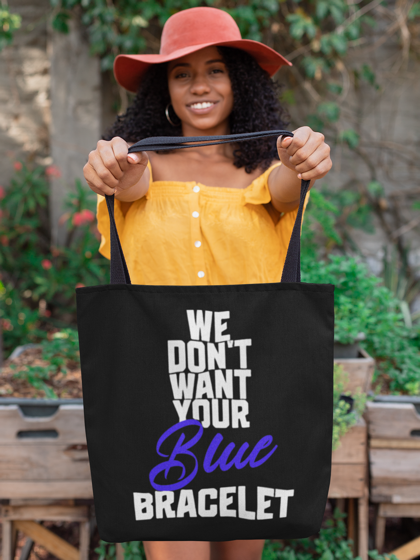 "We Don’t Want Your Blue Bracelet" Tote Bag (AOP)