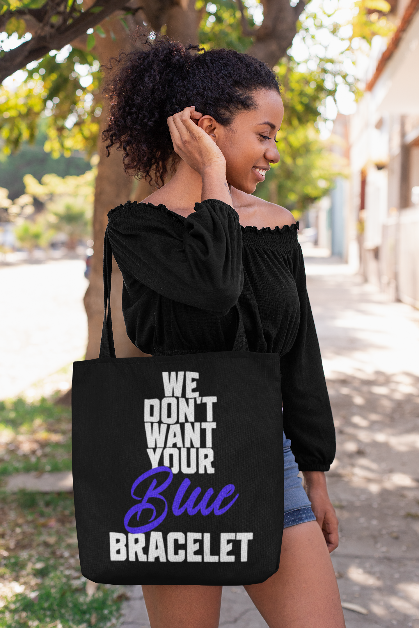 "We Don’t Want Your Blue Bracelet" Tote Bag (AOP)