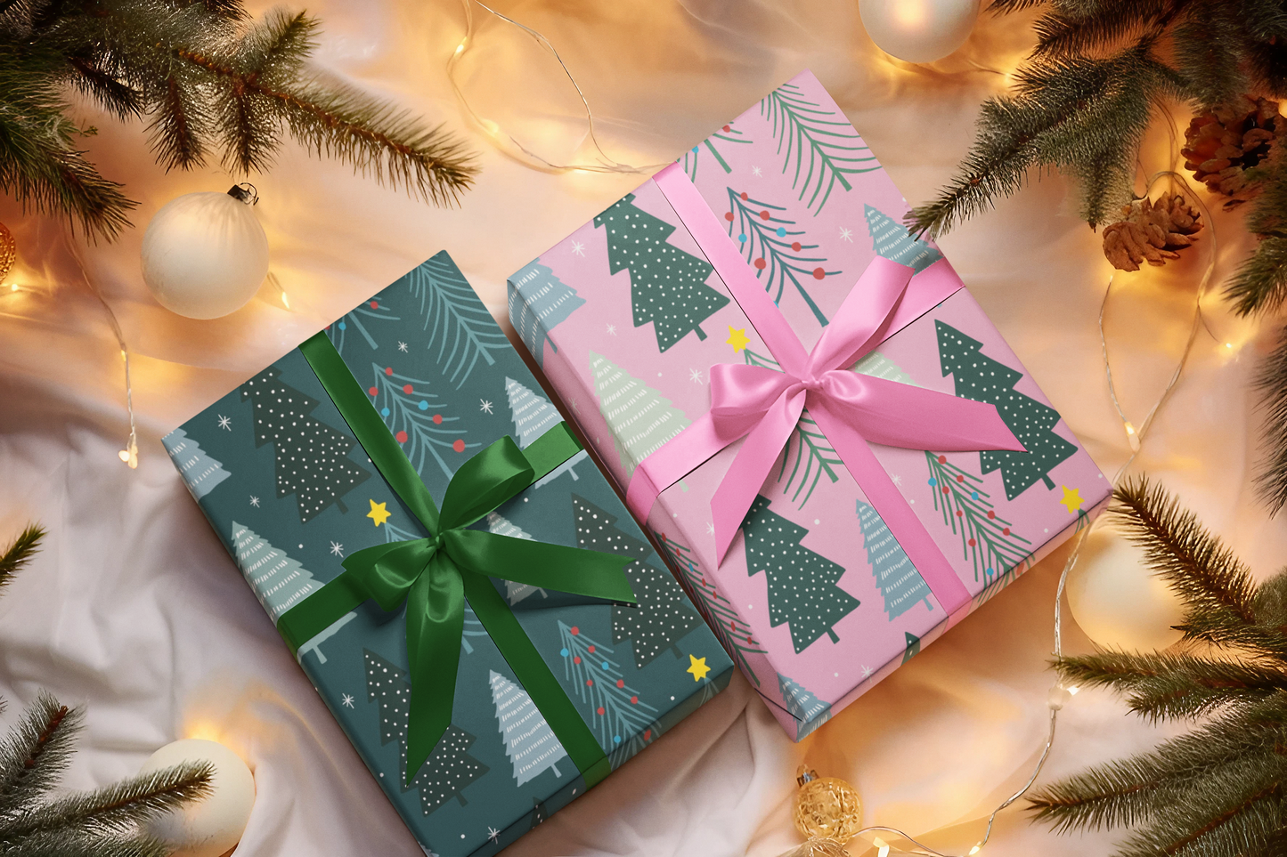 Winter forest holiday wrapping paper with a snowy pine tree design, available in pink and green color variants.