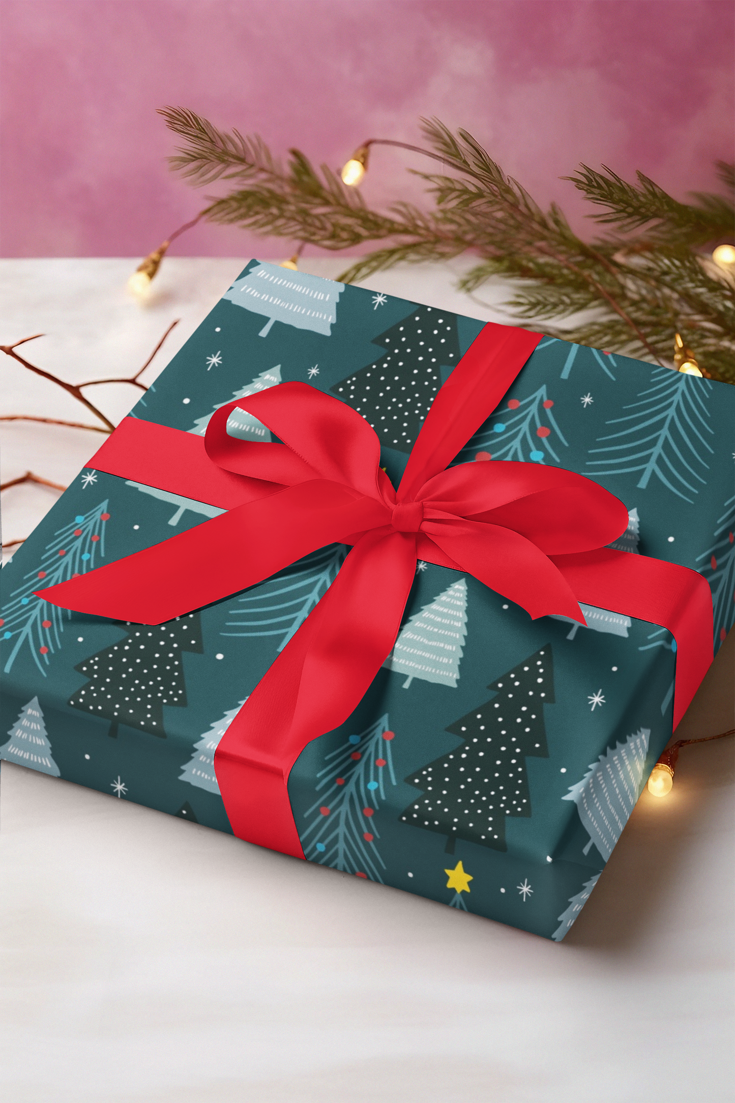 A roll of winter forest wrapping paper with a design of snow-covered pine trees on a colorful background.