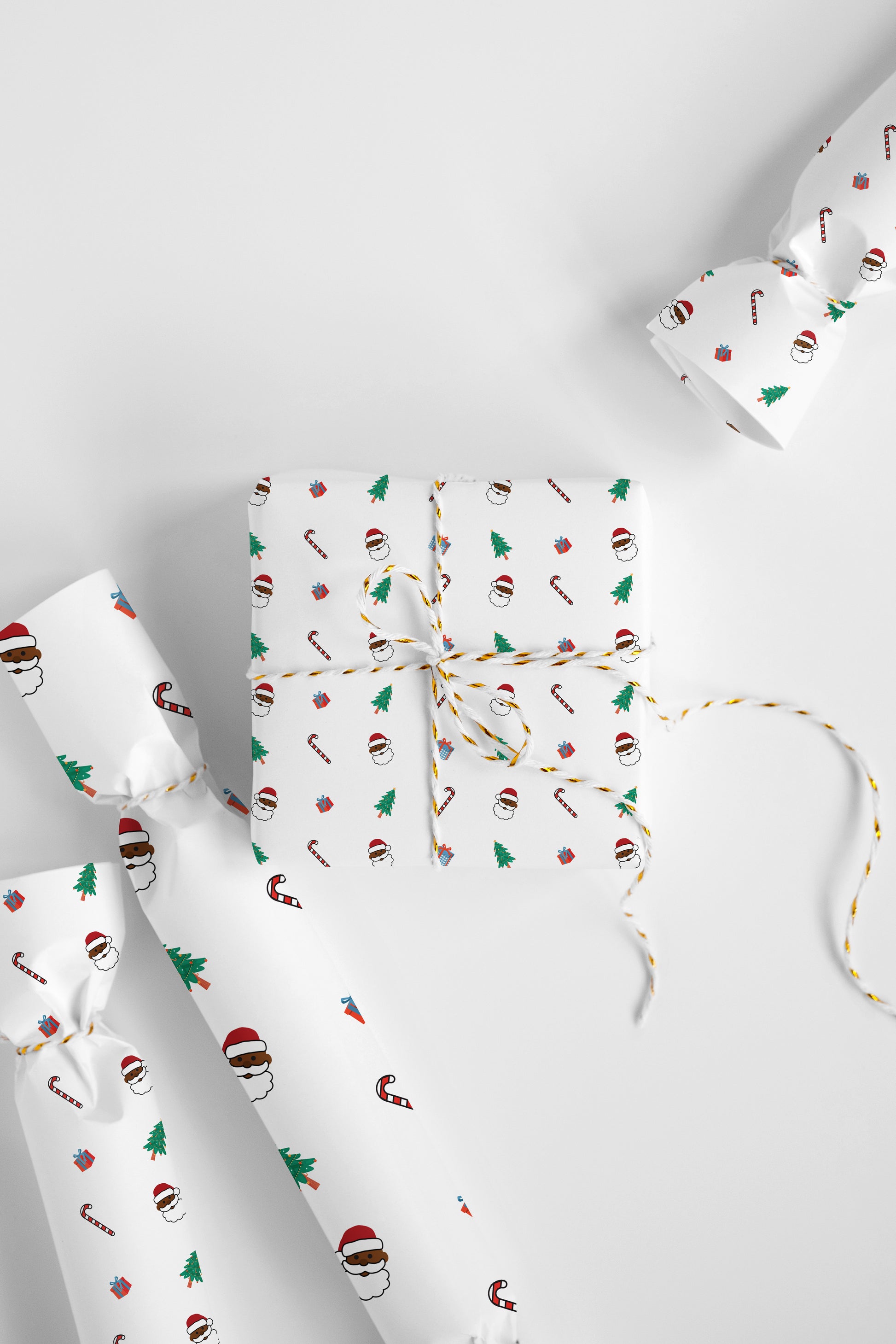 Playful holiday wrapping paper featuring an adorable Black Santa Claus, ideal for joyful gift-giving.