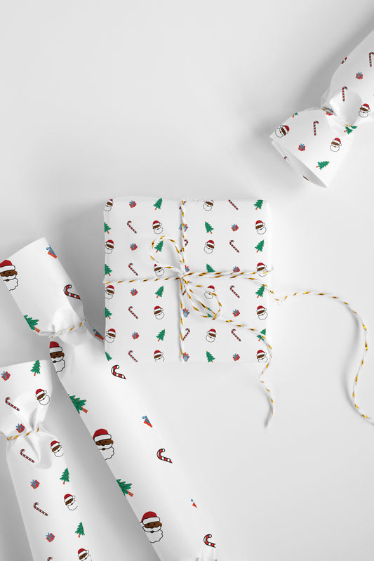 Playful holiday wrapping paper featuring an adorable Black Santa Claus, ideal for joyful gift-giving.