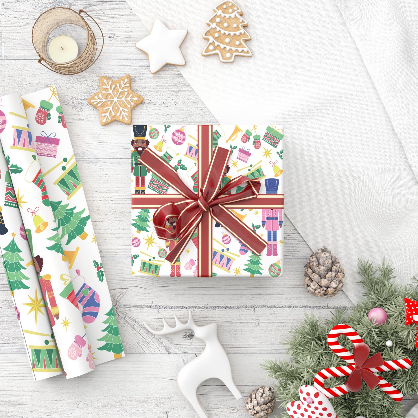 Chocolate brown and cream nutcracker illustration on festive winter themed wrapping paper.