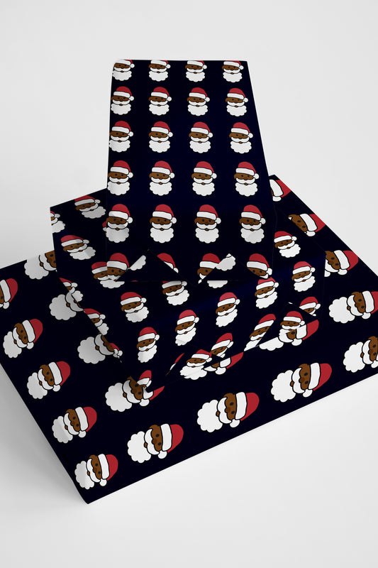 Modern and fun emoji Santa wrapping paper, perfect for adding a cheerful, lighthearted touch to holiday gifts.