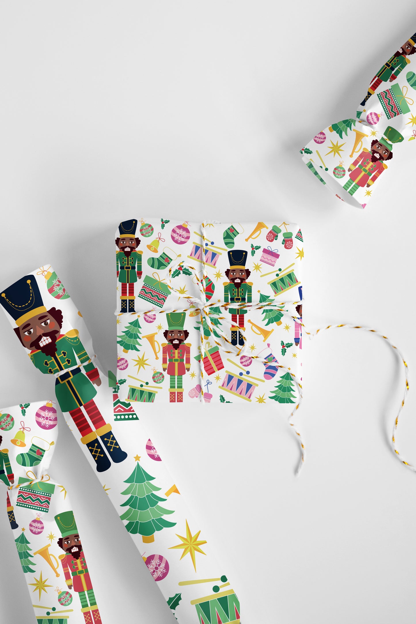 Festive winter nutcracker wrapping paper in a whimsical chocolate brown and cream color scheme for holiday gifts.