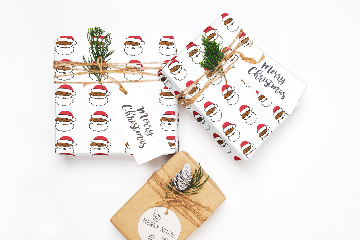 Playful emoji wrapping paper with a Santa Claus design for fun, modern holiday celebrations.