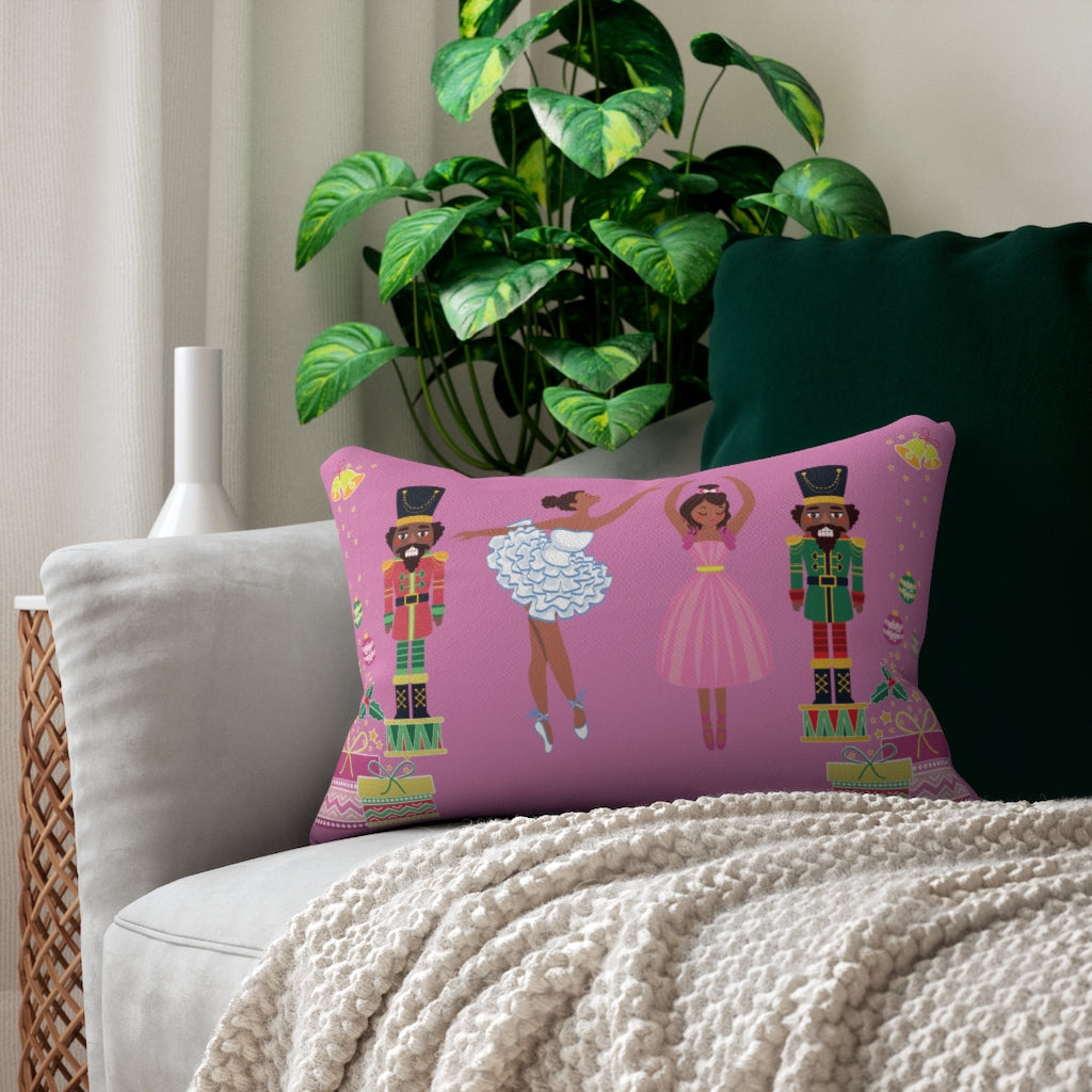 Chocolate Nutcracker and Ballerina Spun Polyester Lumbar Pillow Pink