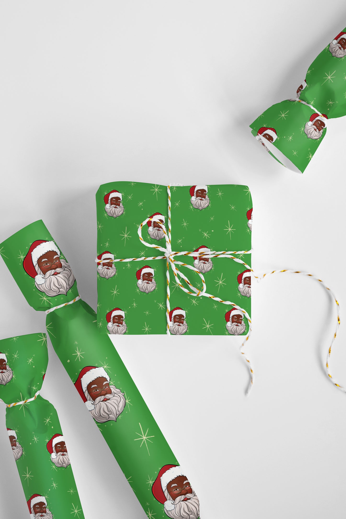 A roll of vibrant green wrapping paper featuring a joyful Black Santa Claus design for holiday gift-giving.