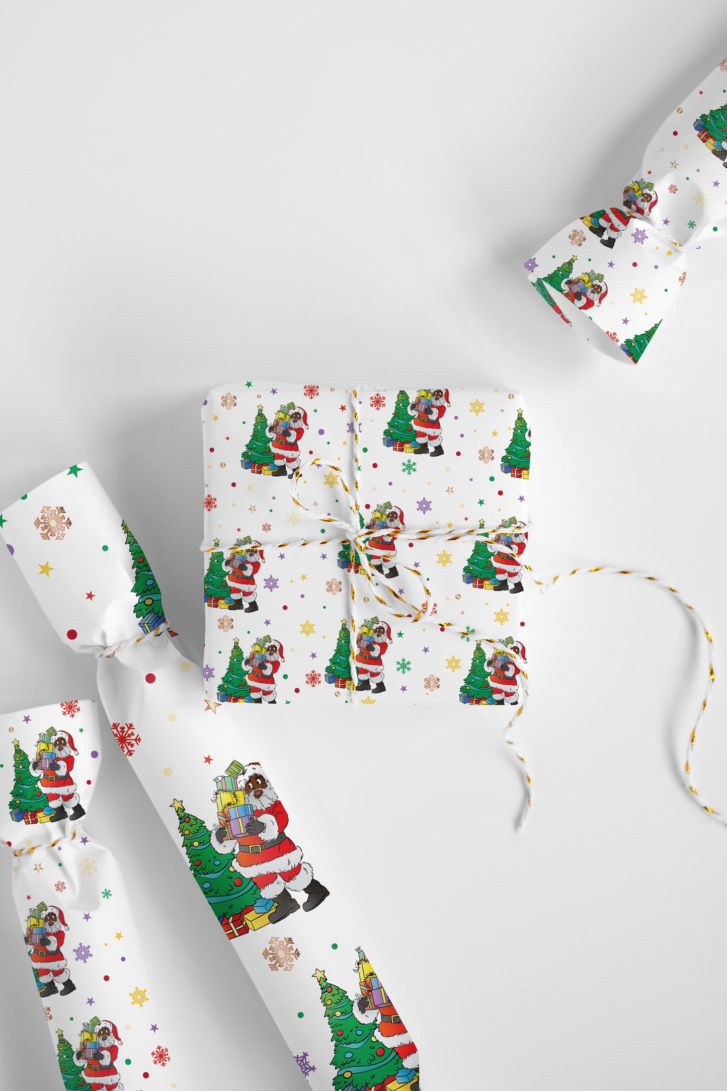 A roll of premium holiday wrapping paper with a celestial design of Black Santa on a deep blue starlit night background.