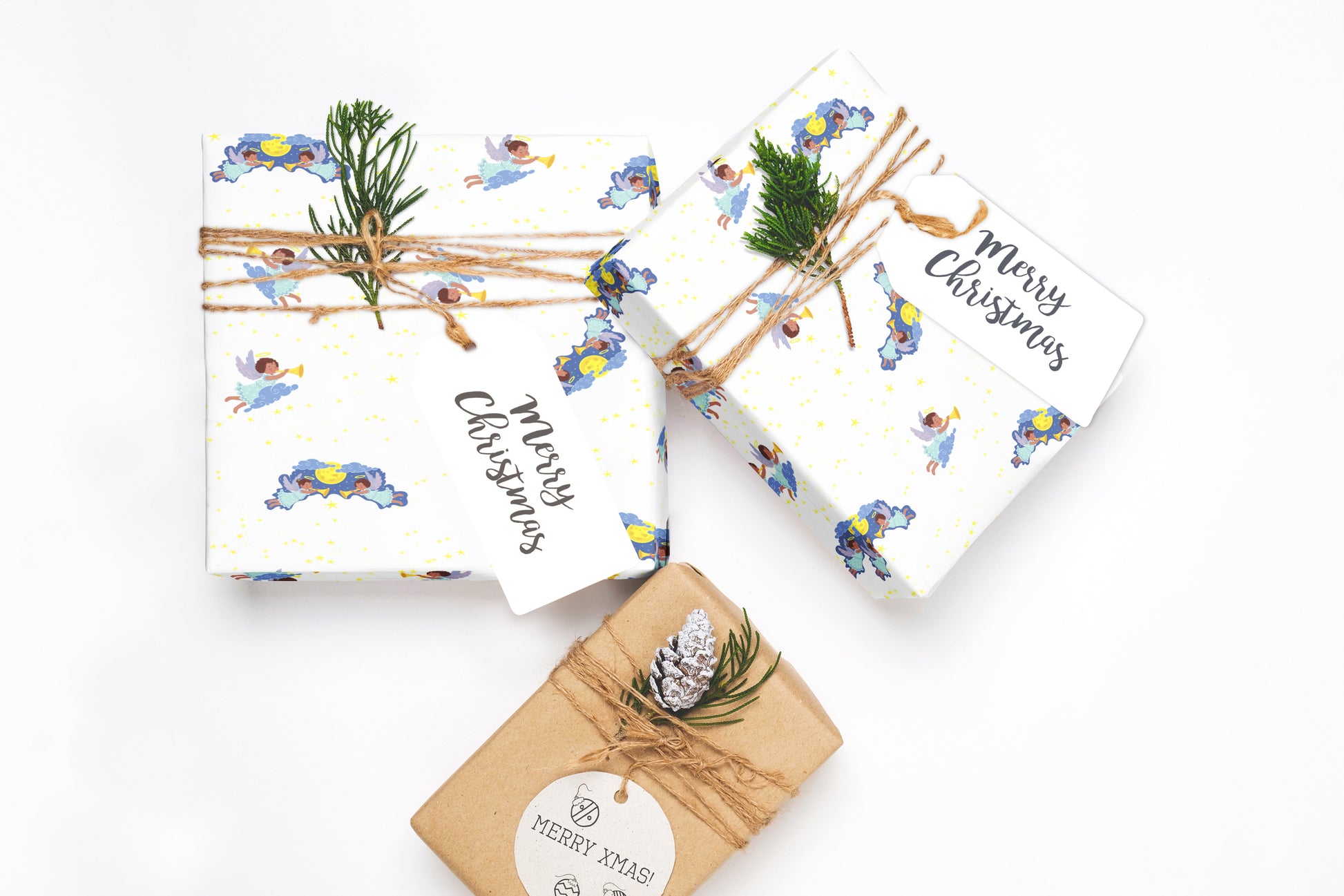 A roll of Chocolate Angels wrapping paper with a design of playful angel figures in warm brown tones, perfect for gift wrap.
