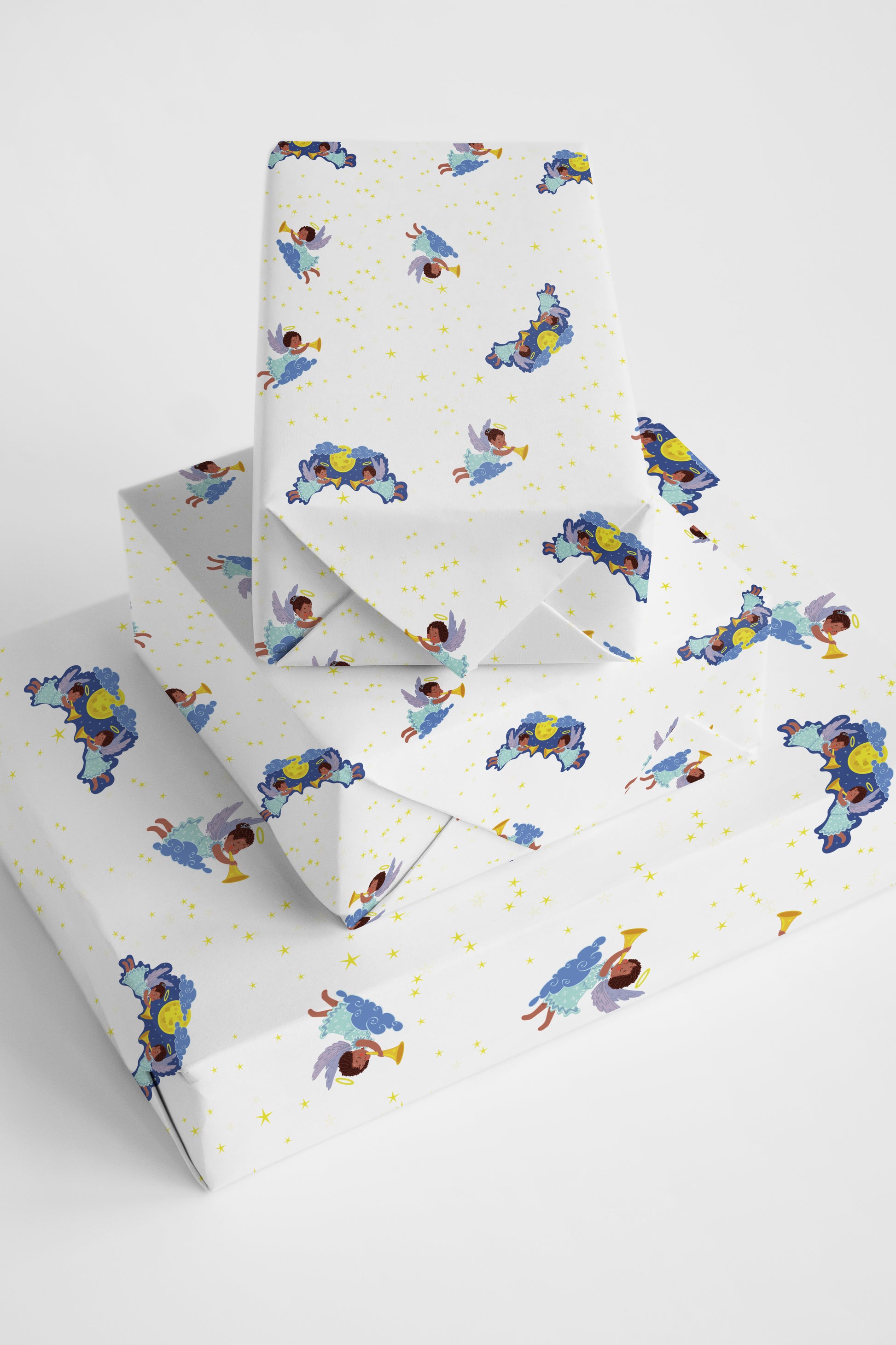 Sweet and joyful gift wrap featuring chocolate-toned angels, ideal for birthday and holiday presents.