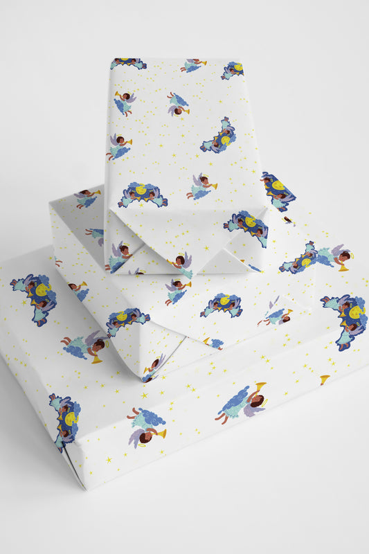 Sweet and joyful gift wrap featuring chocolate-toned angels, ideal for birthday and holiday presents.