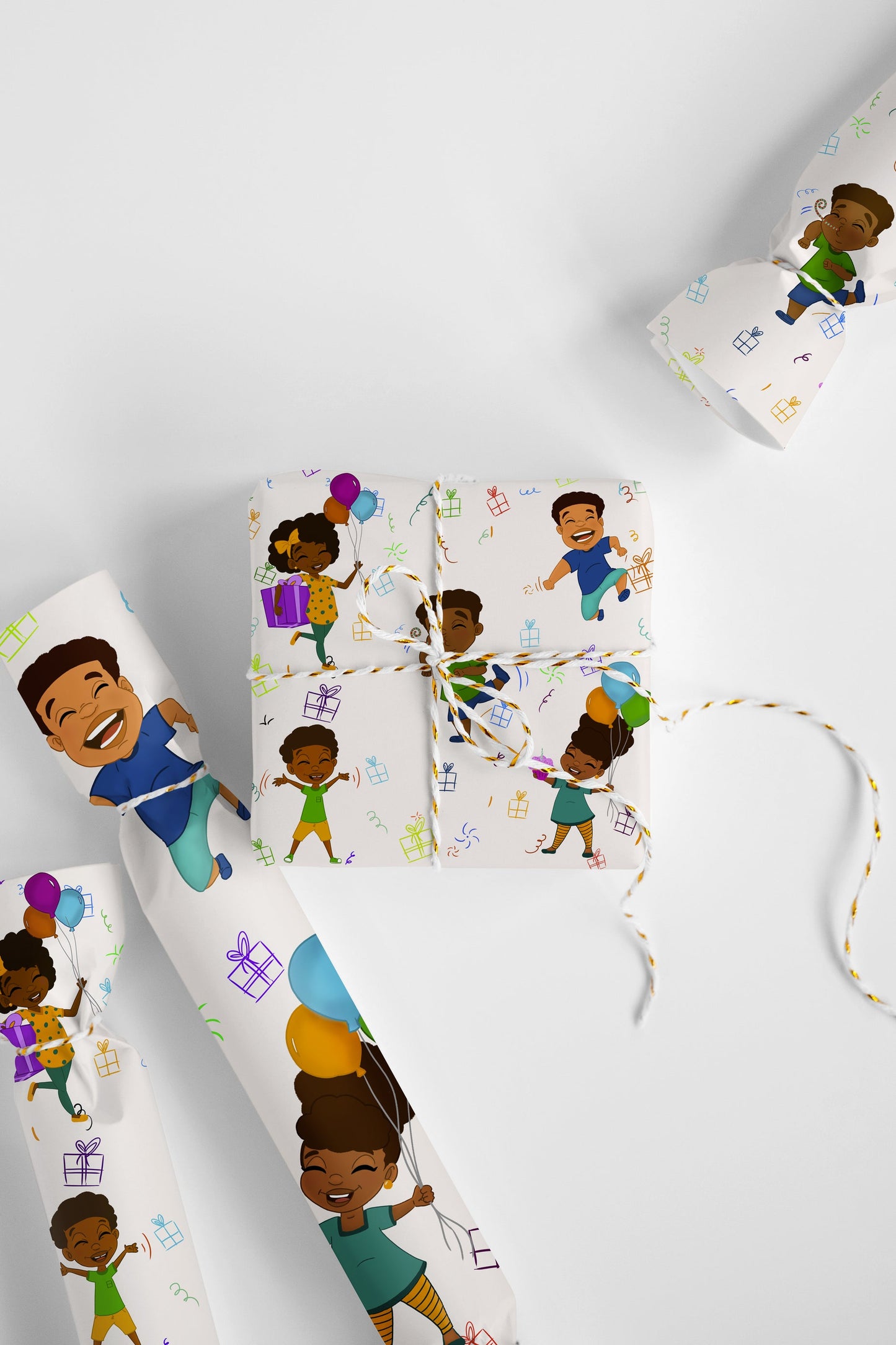 Black Boy & Girl Birthday Wrapping Paper