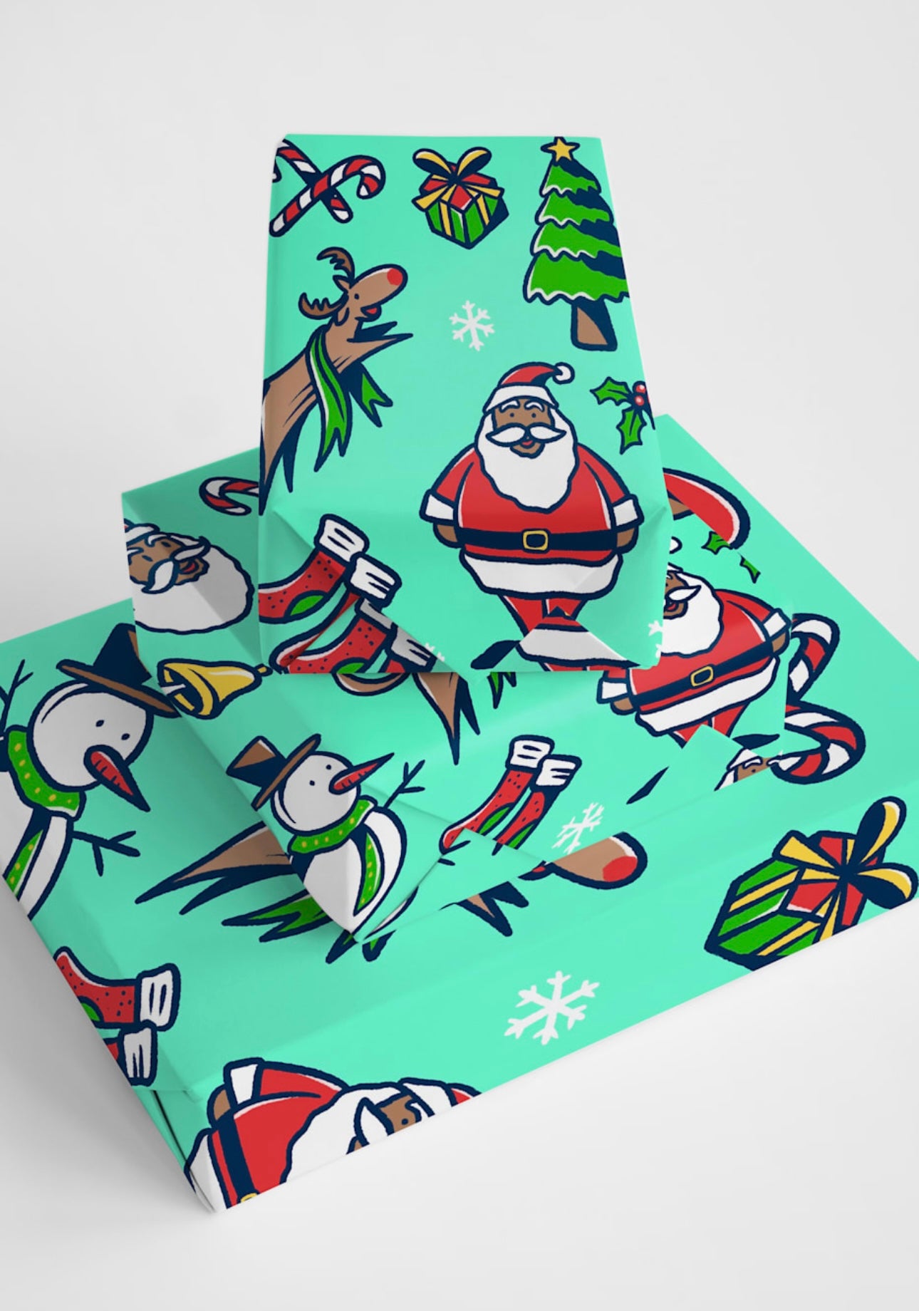 Whimsical holiday gift wrap with a hand-drawn design of Black Santa and a snowman, perfect for joyful family gifts.