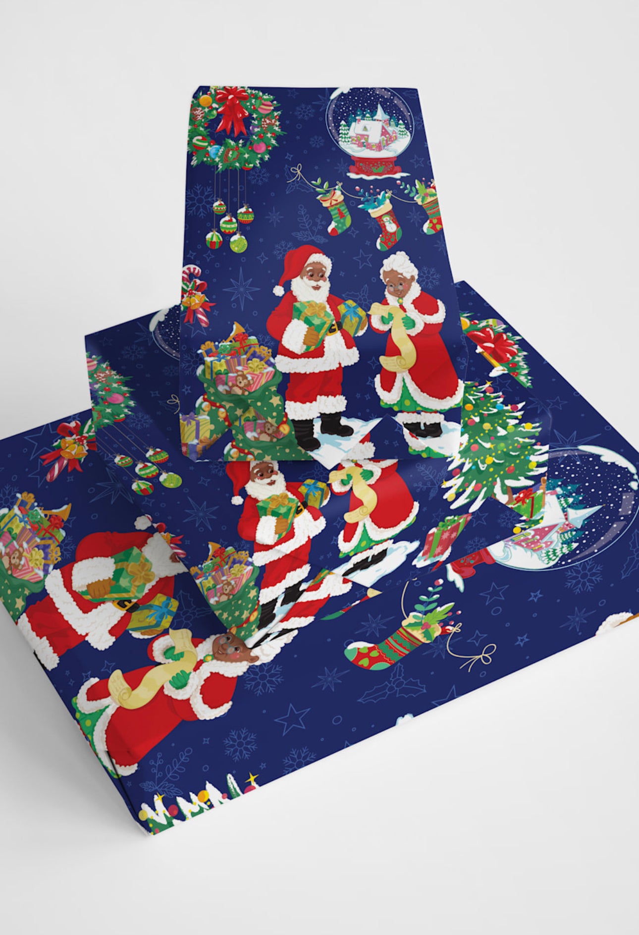 A roll of premium holiday wrapping paper featuring a classic design of Black Santa and Mrs. Claus, perfect for festive gift wrap.