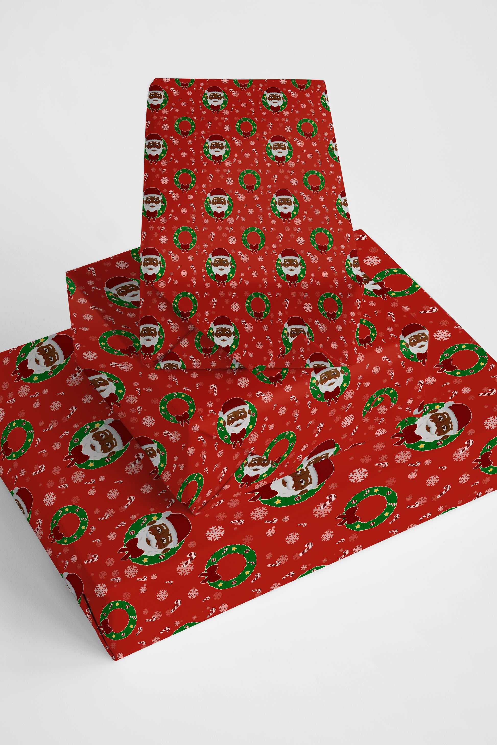 Black Santa Wreath wrapping paper for holidays, featuring a festive Santa and wreath design for gift wrapping.