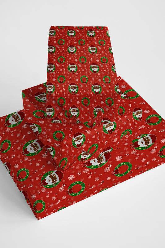 Black Santa Wreath wrapping paper for holidays, featuring a festive Santa and wreath design for gift wrapping.
