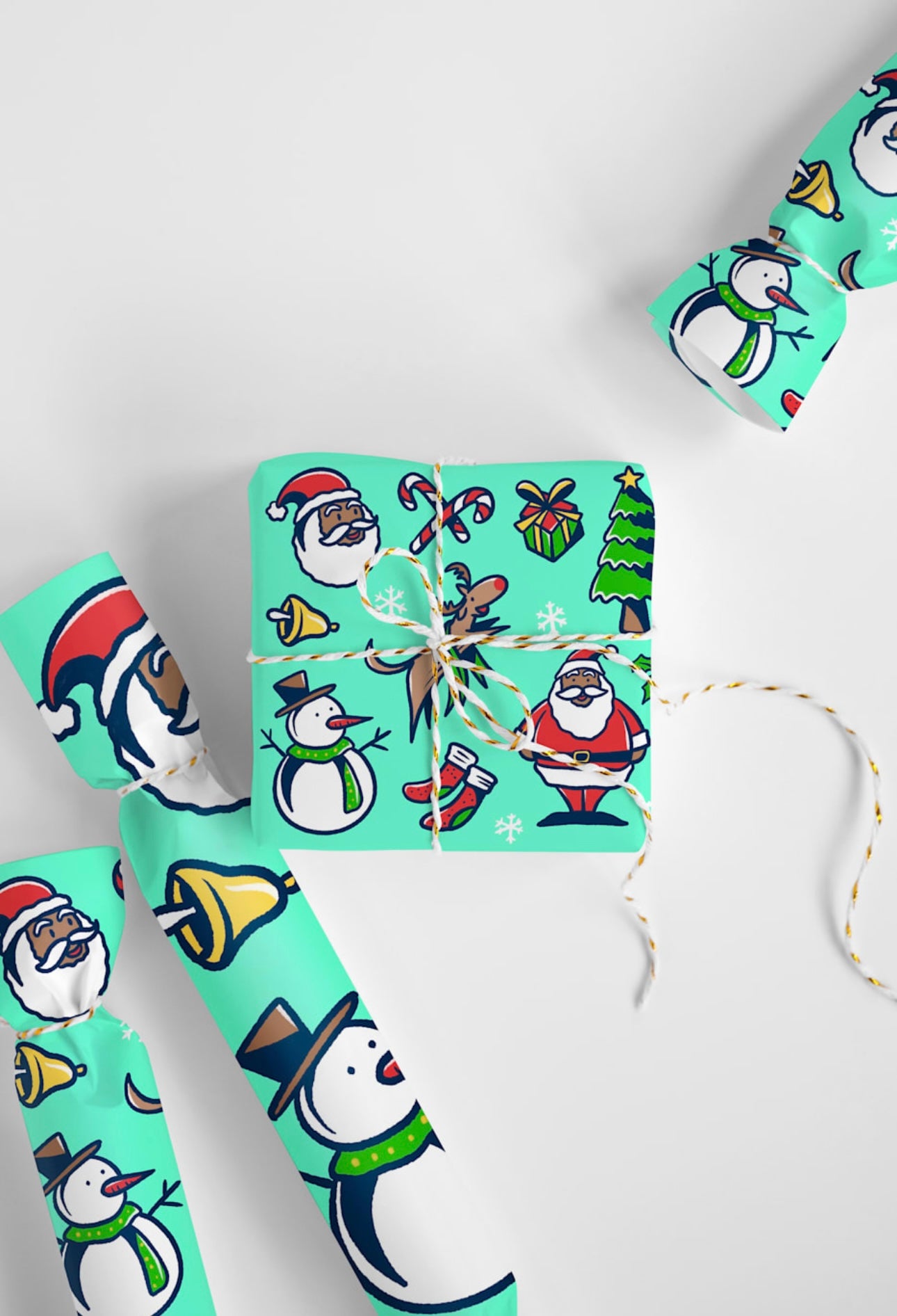 Doodle Santa and Snowman wrapping paper with a playful Black Santa motif for festive winter celebrations.