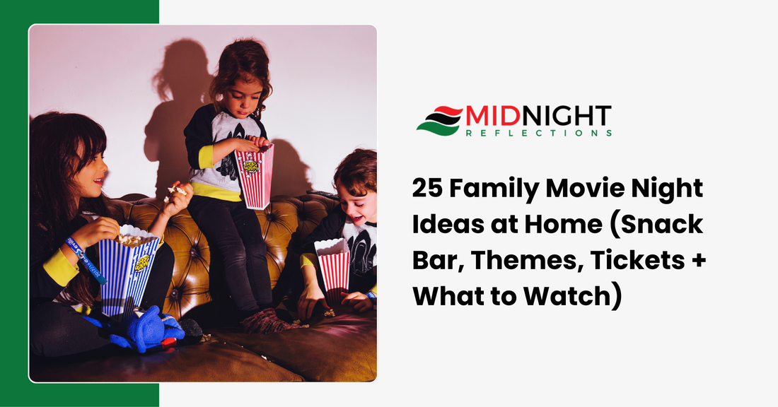 Cozy family movie night at home setup with popcorn snack bar blankets and string lights creating theater atmosphere