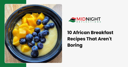 A colorful spread of African breakfast recipes including Shakshuka eggs, Puff Puff, and plantain pancakes