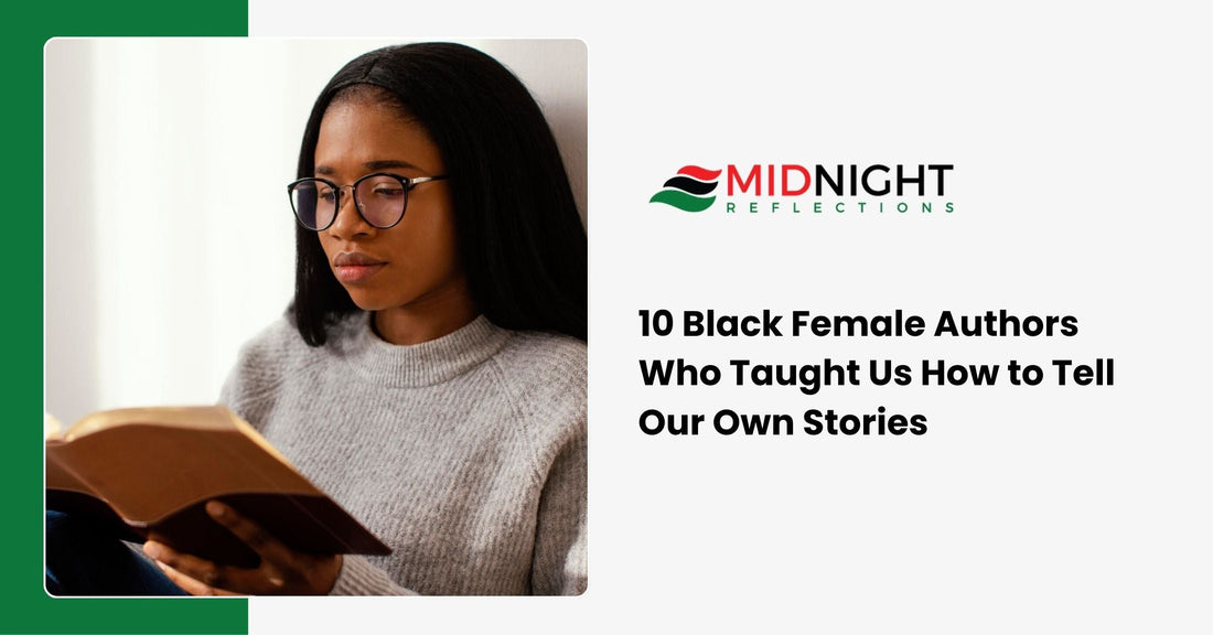 stylish Black woman smiling while relaxing in a cozy, sunlit armchair, surrounded by shelves filled with books by Black female authors.