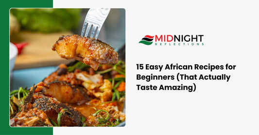 A spread of easy African recipes for beginners including Jollof Rice, Suya, and Shakshuka
