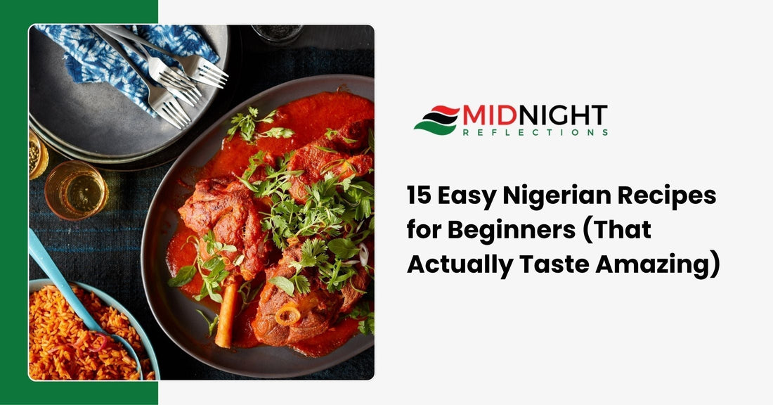 A spread of easy Nigerian recipes for beginners including Jollof Rice, Suya skewers, and Puff Puff