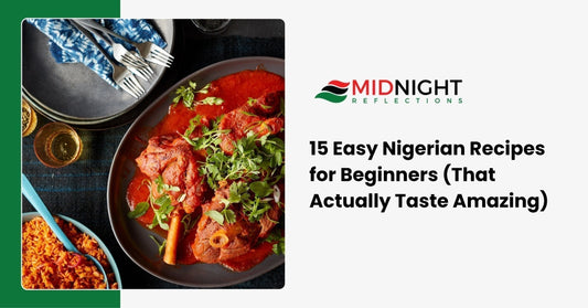 A spread of easy Nigerian recipes for beginners including Jollof Rice, Suya skewers, and Puff Puff