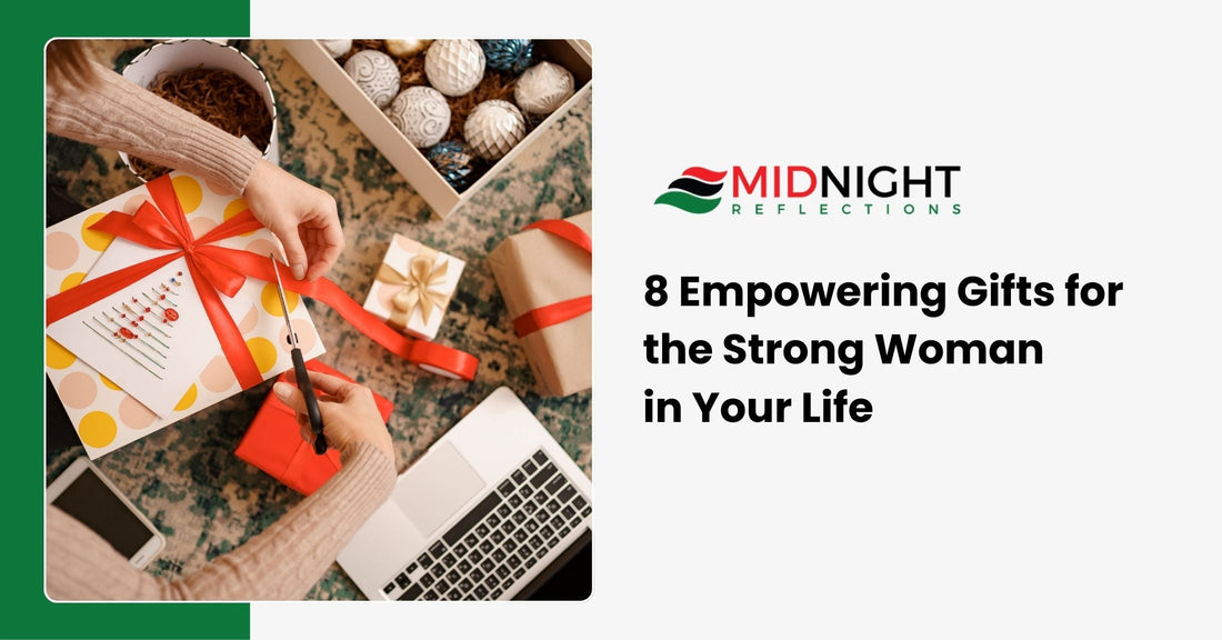 A curated collection of empowering gifts, including a leather-bound journal, a sleek fitness tracker, and a modern piece of statement jewelry, symbolizing strength and ambition.