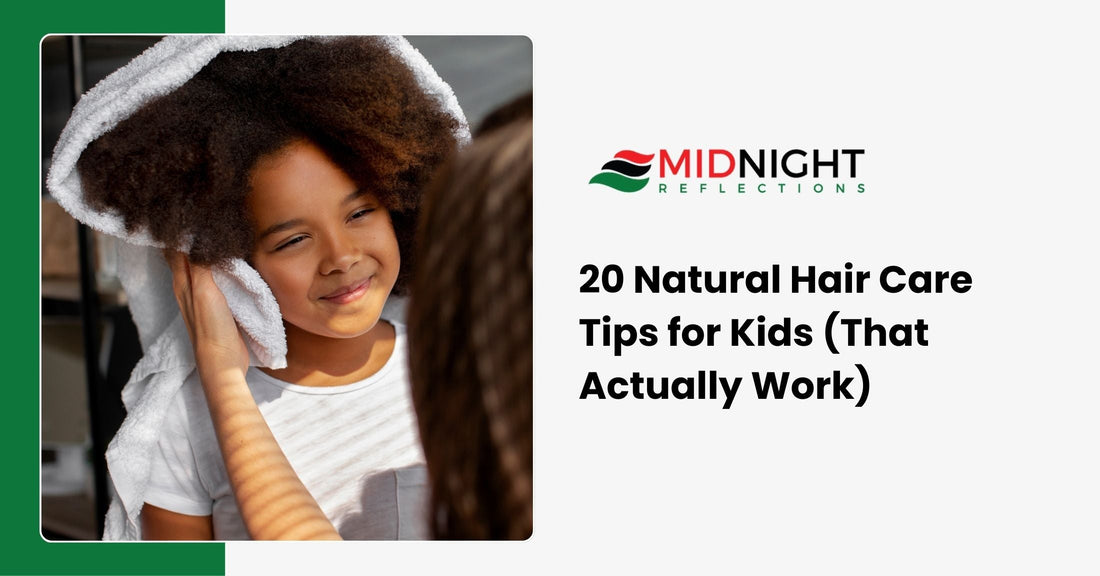 Natural hair care for kids showing mother caring for child's curly hair with products and tools