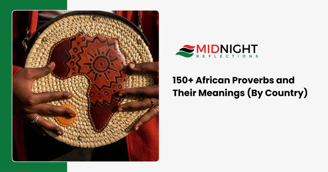 African proverbs represented through carved wooden artifacts and cultural objects arranged in a warm aesthetic flatlay