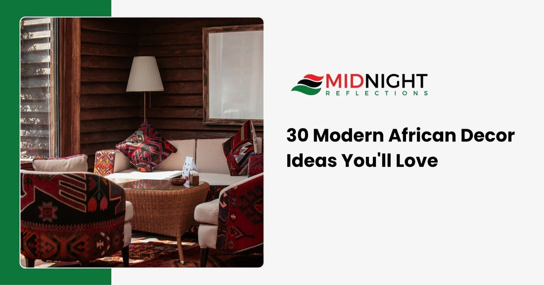 Modern African decor living room with earthy tones, woven textures, and bold African print accents
