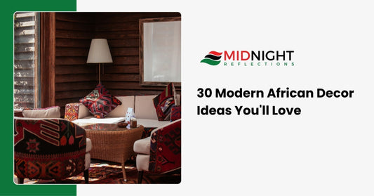 Modern African decor living room with earthy tones, woven textures, and bold African print accents