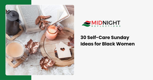 Self-care Sunday flatlay with candles, journal, and herbal tea — essentials for a Black woman's weekly reset ritual