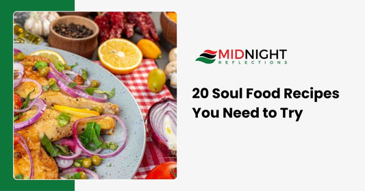 Soul food recipes featuring fried chicken collard greens and cornbread on dinner table