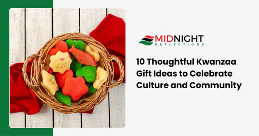 A collection of thoughtful Kwanzaa gifts including a cultural mug, mudcloth wrapping paper, and a statement tote bag, celebrating heritage.