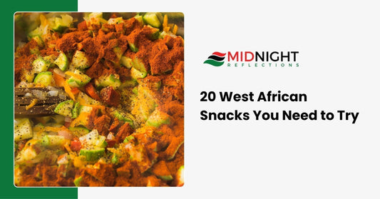 A colorful spread of West African snacks including Puff Puff, Suya, and plantain chips