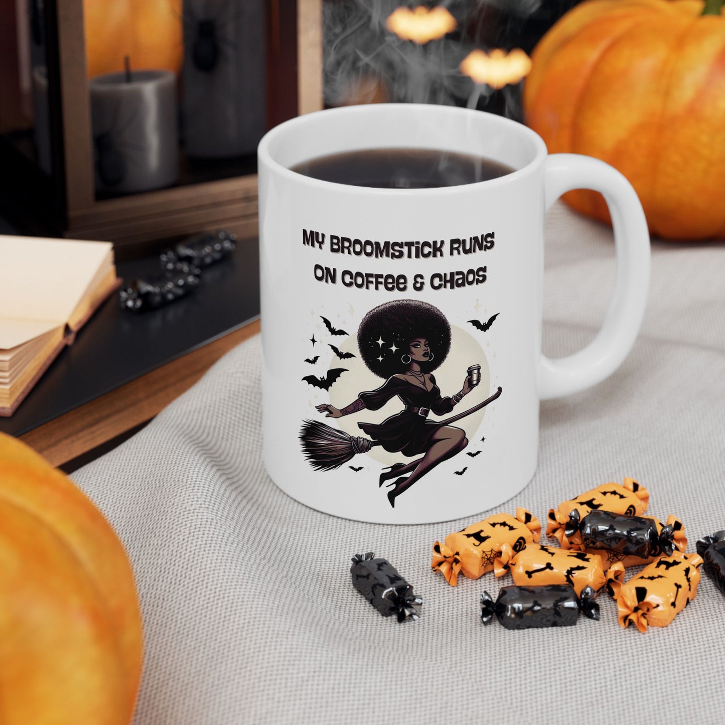 My Broomstick Runs on Coffee & Chaos Ceramic Mug, (11oz)