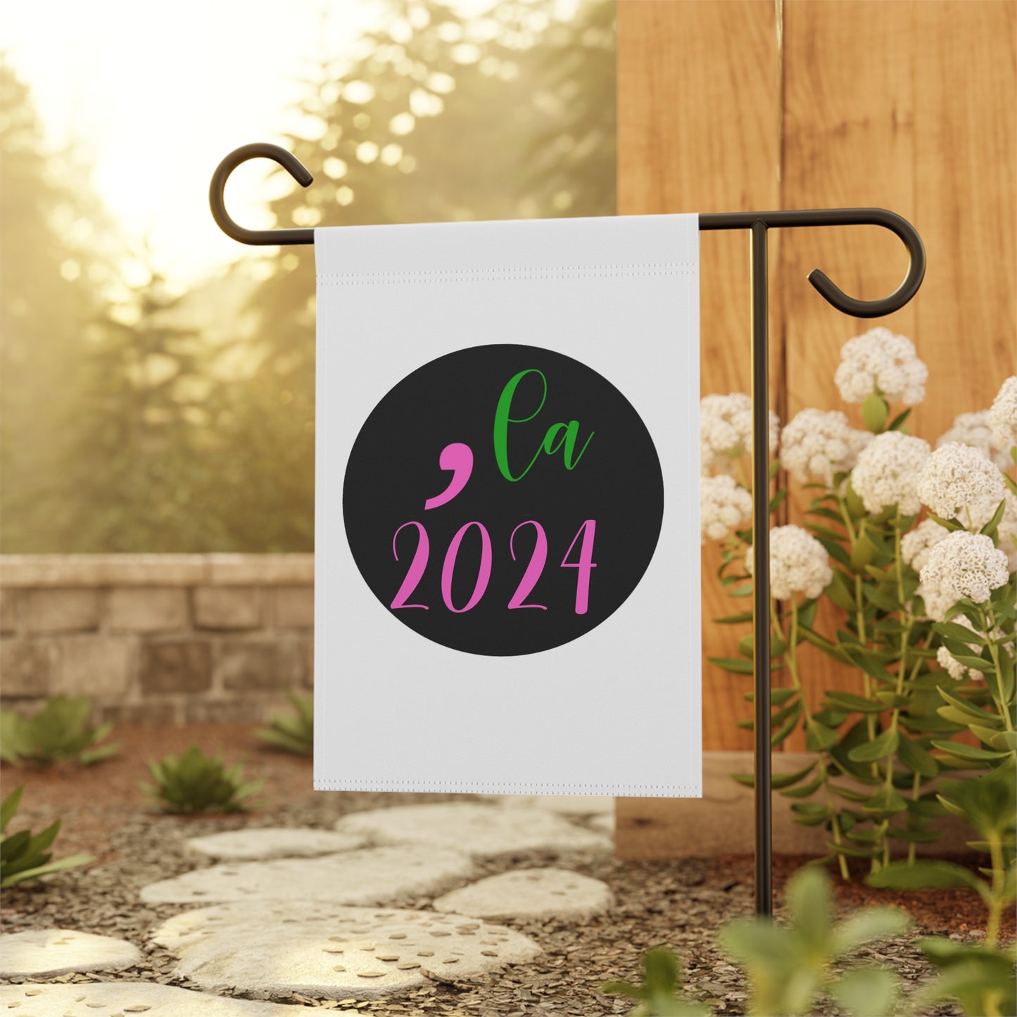 Comma La Pink & Green Kamala Harris 2024 Presidential Garden Flag | Distinctive Campaign Banner - Durable and Weatherproof