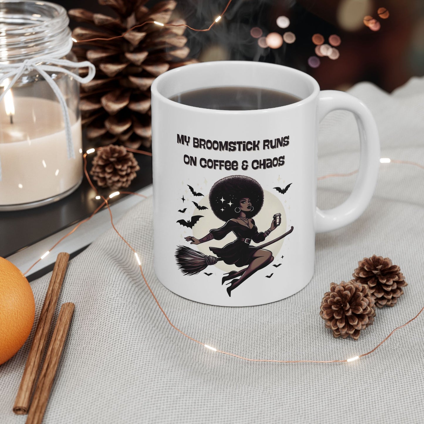 My Broomstick Runs on Coffee & Chaos Ceramic Mug, (11oz)