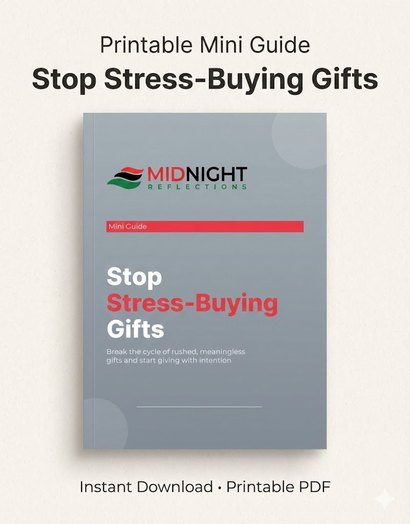 Cover of a printable mini guide titled “Stop Stress-Buying Gifts” by Midnight Reflections, designed to help users embrace intentional gift giving. The grey and red design features the tagline “Break the cycle of rushed, meaningless gifts and start giving with intention,” with a note that it’s an instant download and printable PDF.