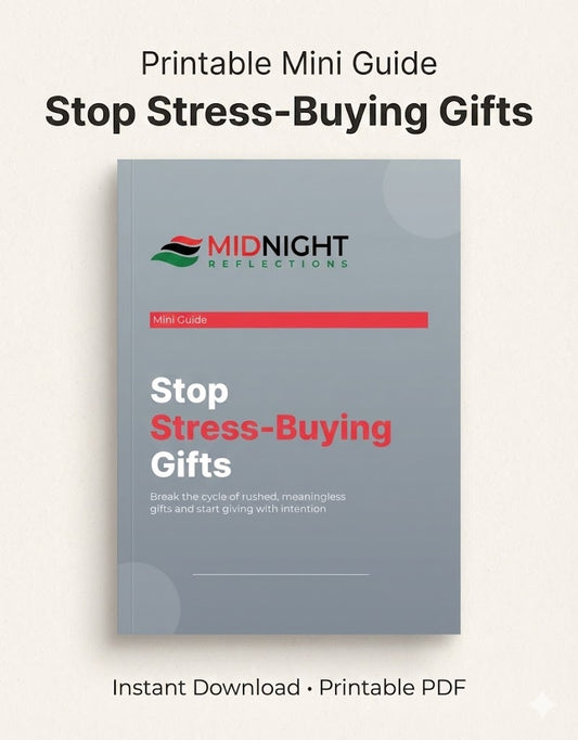 Cover of a printable mini guide titled “Stop Stress-Buying Gifts” by Midnight Reflections, designed to help users embrace intentional gift giving. The grey and red design features the tagline “Break the cycle of rushed, meaningless gifts and start giving with intention,” with a note that it’s an instant download and printable PDF.