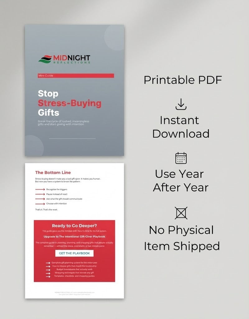 wo-page promotional image for a downloadable mini guide titled "Stop Stress-Buying Gifts" by Midnight Reflections. The first page features the title and tagline: "Break the cycle of rushed, meaningless gifts and start giving with intention." The second page lists tips like "Recognize the triggers" and promotes an upgrade to the full "Intentional Gift-Giver Playbook." On the right, icons and text emphasize features: Printable PDF, Instant Download, Use Year After Year, and No Physical Item Shipped.