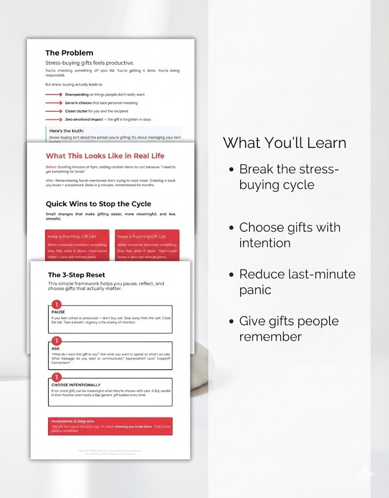 Image showing three pages from a gift-giving guide focused on avoiding stress-buying. The pages outline problems with rushed gift-buying, real-life scenarios, and a “3-Step Reset” to pause, ask, and choose intentionally. On the right, a text box titled “What You’ll Learn” lists benefits like breaking the stress-buying cycle, reducing last-minute panic, and giving meaningful, memorable gifts.